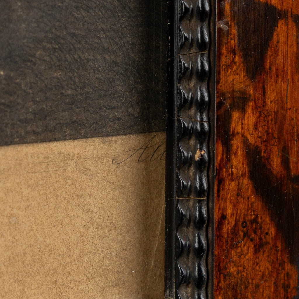 An antique picture frame, Faux tortoiseshell and ebonised wood. Napoleon 3, 19th C. (W:56 x H:67 cm) - Image 8 of 9