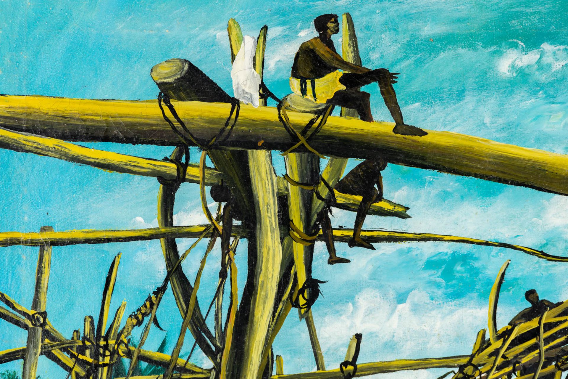 A decorative painting 'Fishermen in Kisangi, Congo' oil on canvas. Signed Ka Sarug. (W:80,5 x H:64,5 - Image 4 of 12