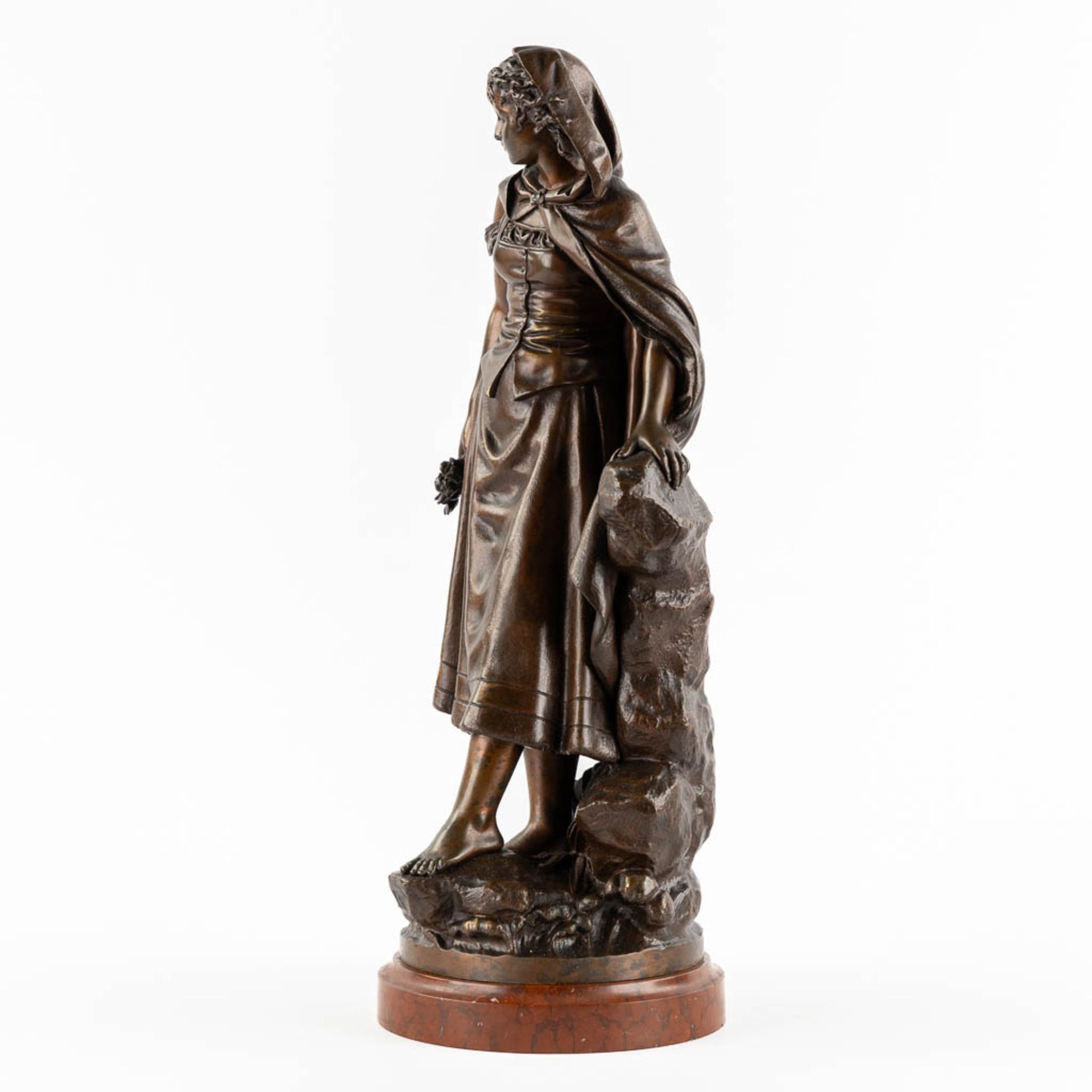 Eutrope BOURET (1833-1906) 'Lady with flowers' patinated bronze on a marble base. (L:19 x W:17 x H:4 - Image 7 of 11