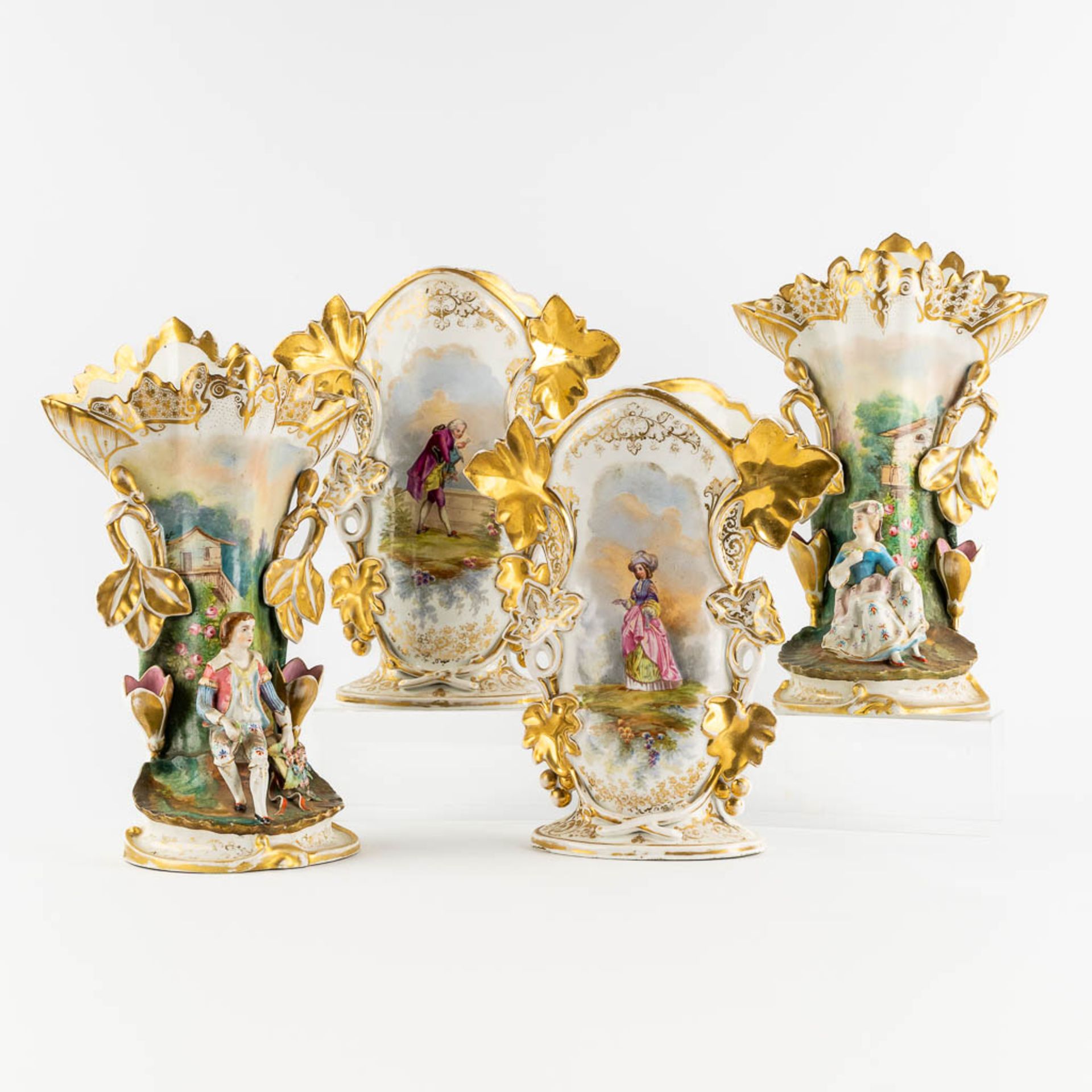 Two pair of Vieux Bruxelles vases, decorated with flowers and figurines. (L:20 x W:26 x H:39 cm)