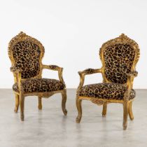 Two decorative armchairs, Louis XV style with a tiger print. (L:64 x W:67 x H:114 cm)