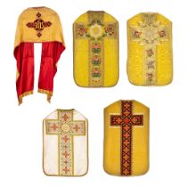 A Humeral Veil and Four Roman Chasubles, embroideries with an IHS and floral decor.