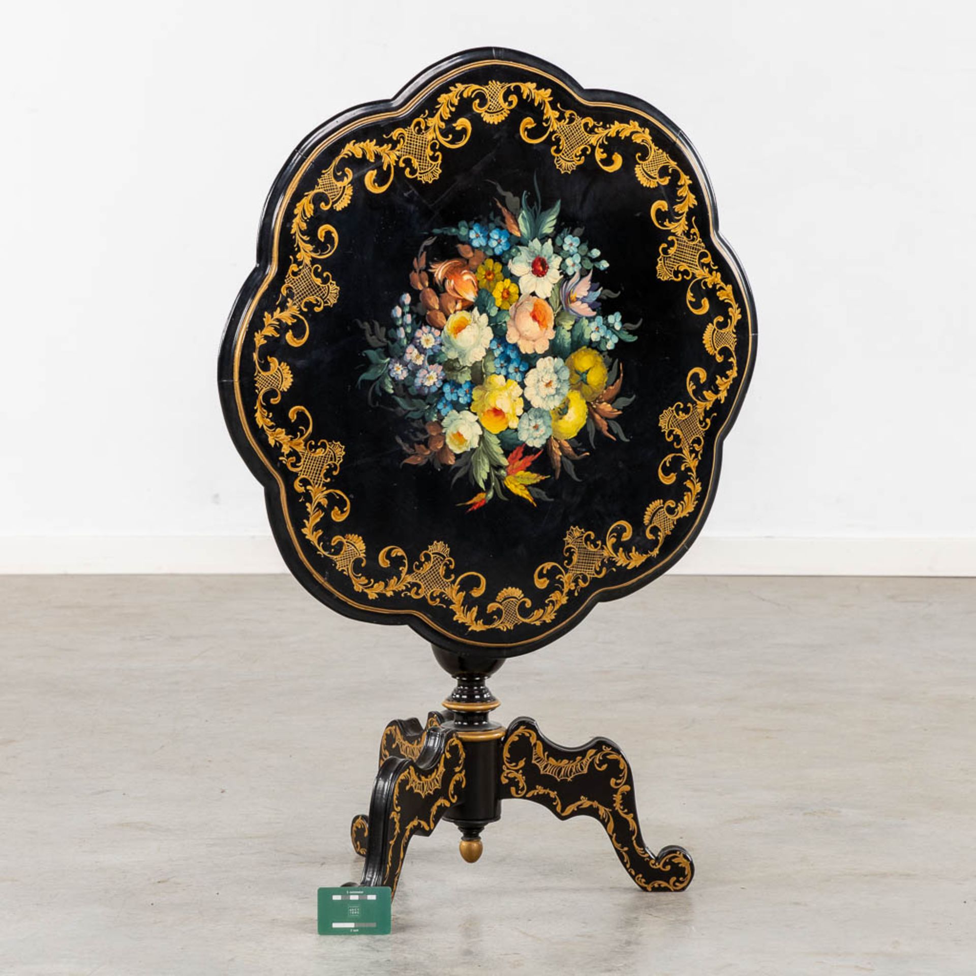 A Tilt-Top table with hand-painted floral decor, Napoleon 3 style. (H:67 x D:72 cm) - Image 2 of 9