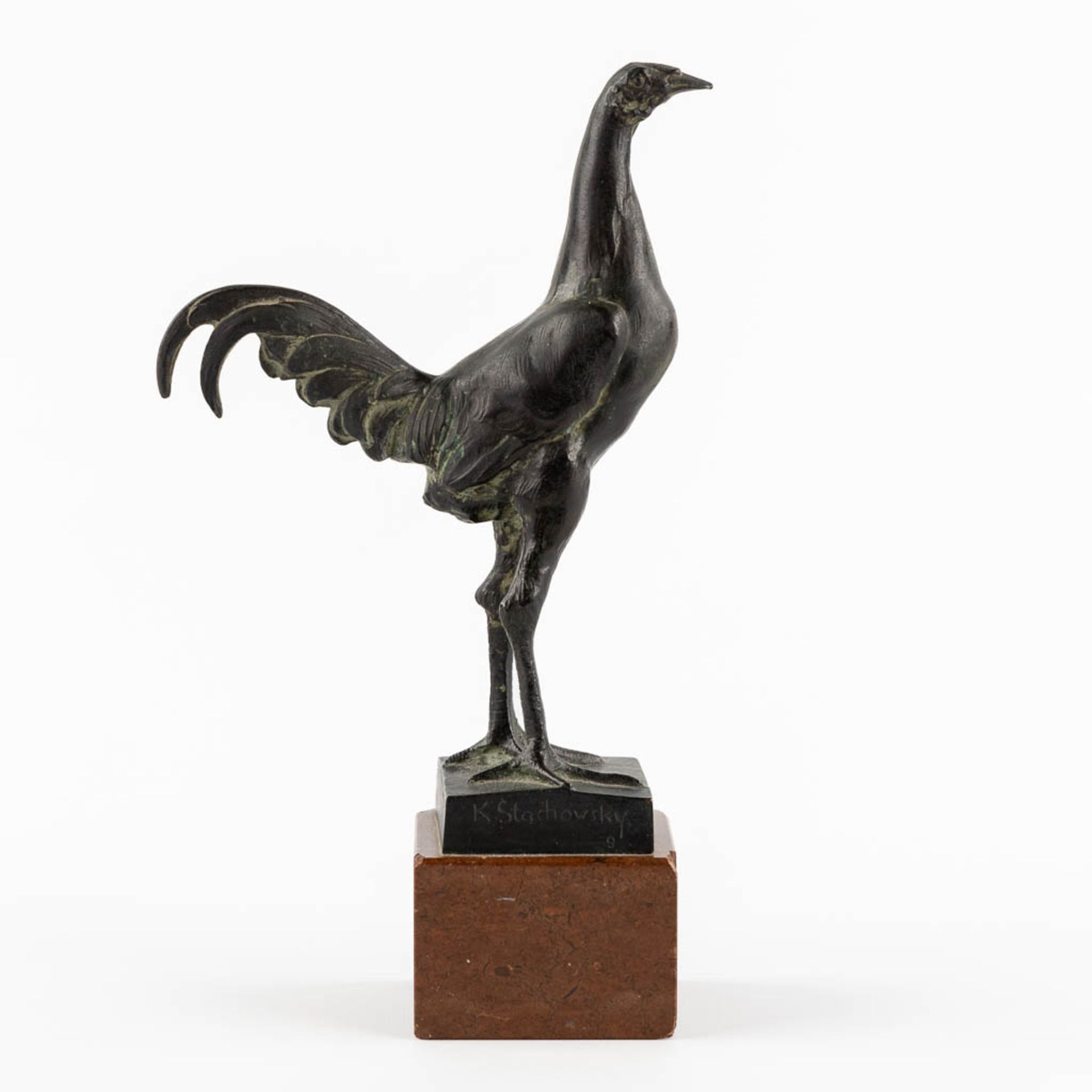 K. STACHOWSKY (XIX-XX) 'Rooster' patinated bronze on marble. (L:15 x W:7 x H:26 cm) - Image 6 of 11