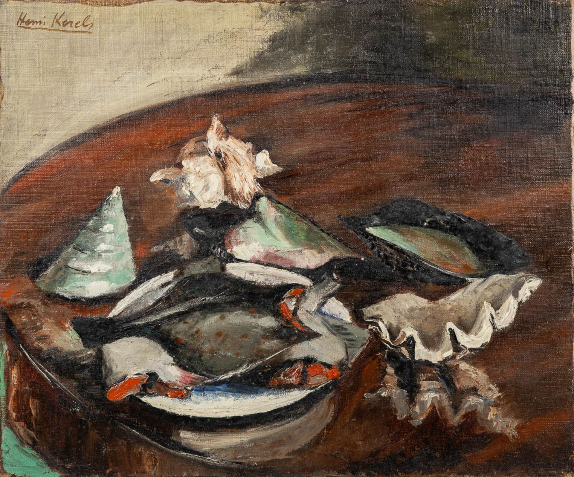 Henri KERELS (1896-1956) 'Still life with Mussles and Flatfish' oil on canvas. (W:60 x H:50 cm)