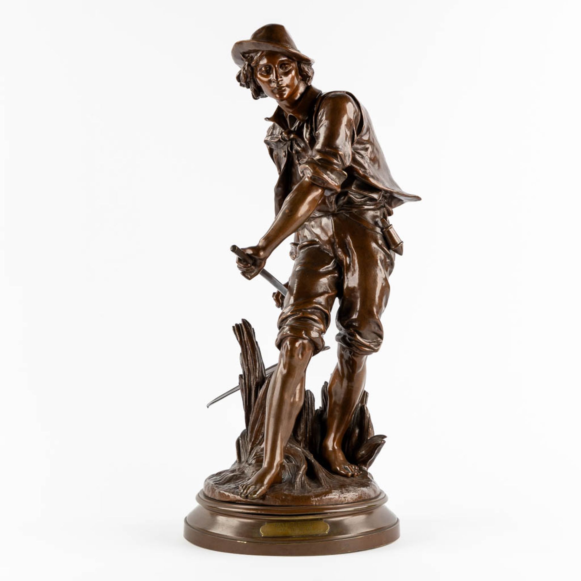 Eugène Antoine AIZELIN (1821-1902) 'Faucheur' patinated bronze. (L:28 x W:38 x H:70 cm)