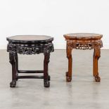 Two Chinese side tables, hardwood with a marble top. (H:46 x D:56 cm)