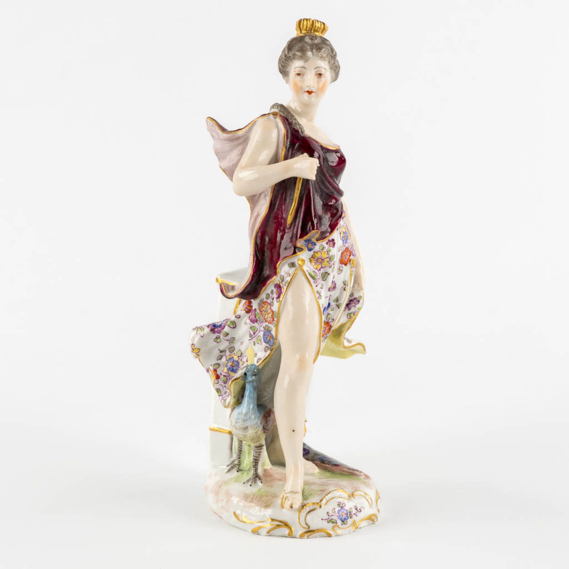 Eugène Claus, Lady with a peacock 'Orgeuil - Pride', polychrome porcelain. 19th C. (L:9 x W:8,5 x H: