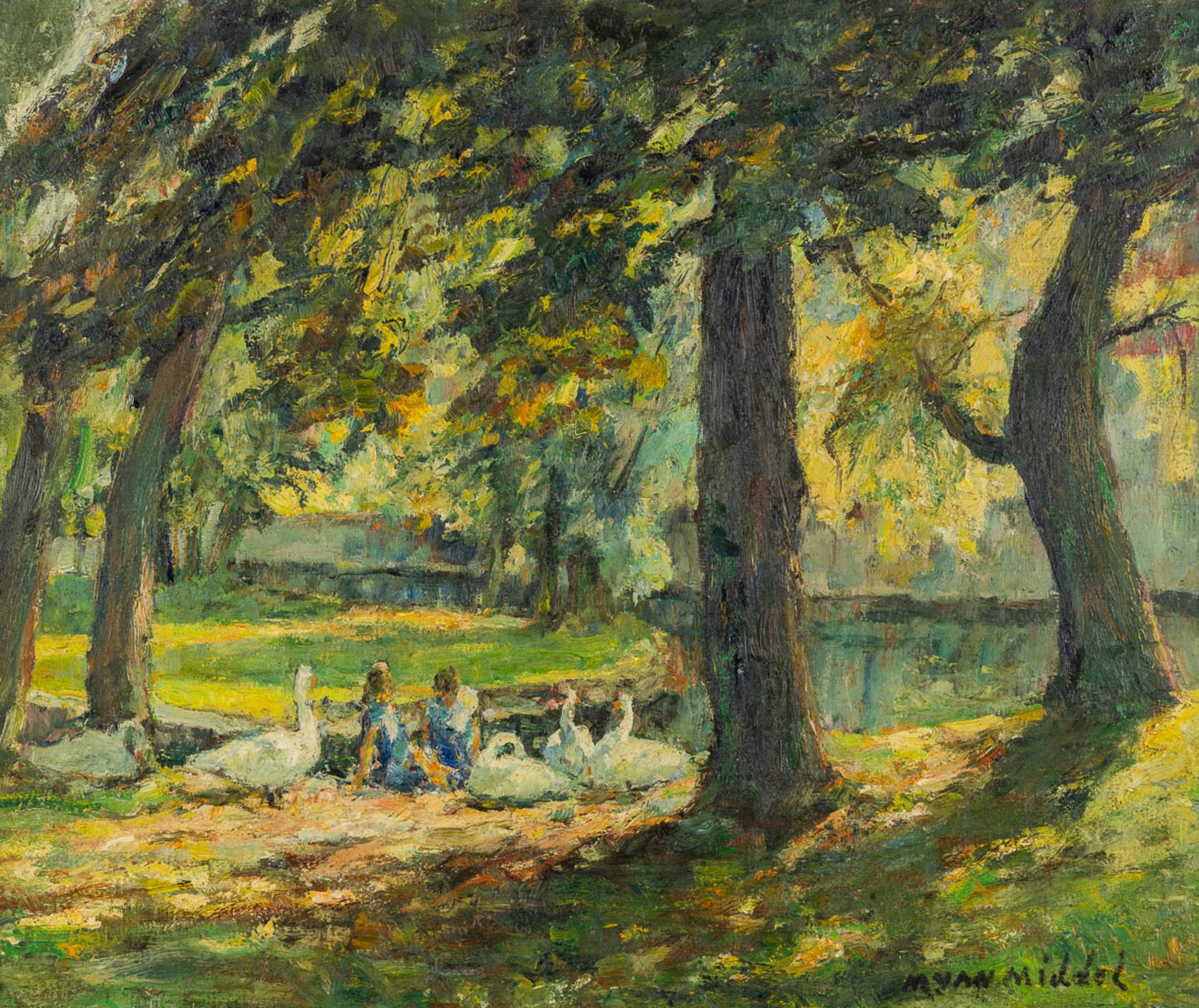 Maurice VAN MIDDEL (1886-1952) 'Swans in the park' oil on canvas. (W:60 x H:50 cm)