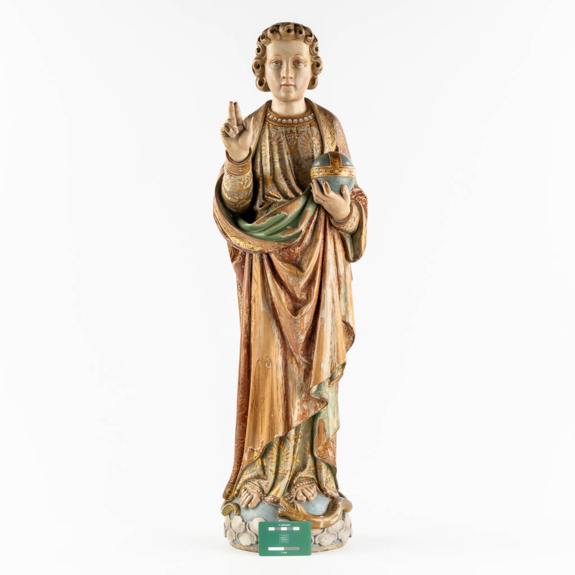 An antique wood-sculptured figurine of Salvator Mundi, holding a globus cruciger and serpent. 19th C - Image 2 of 12