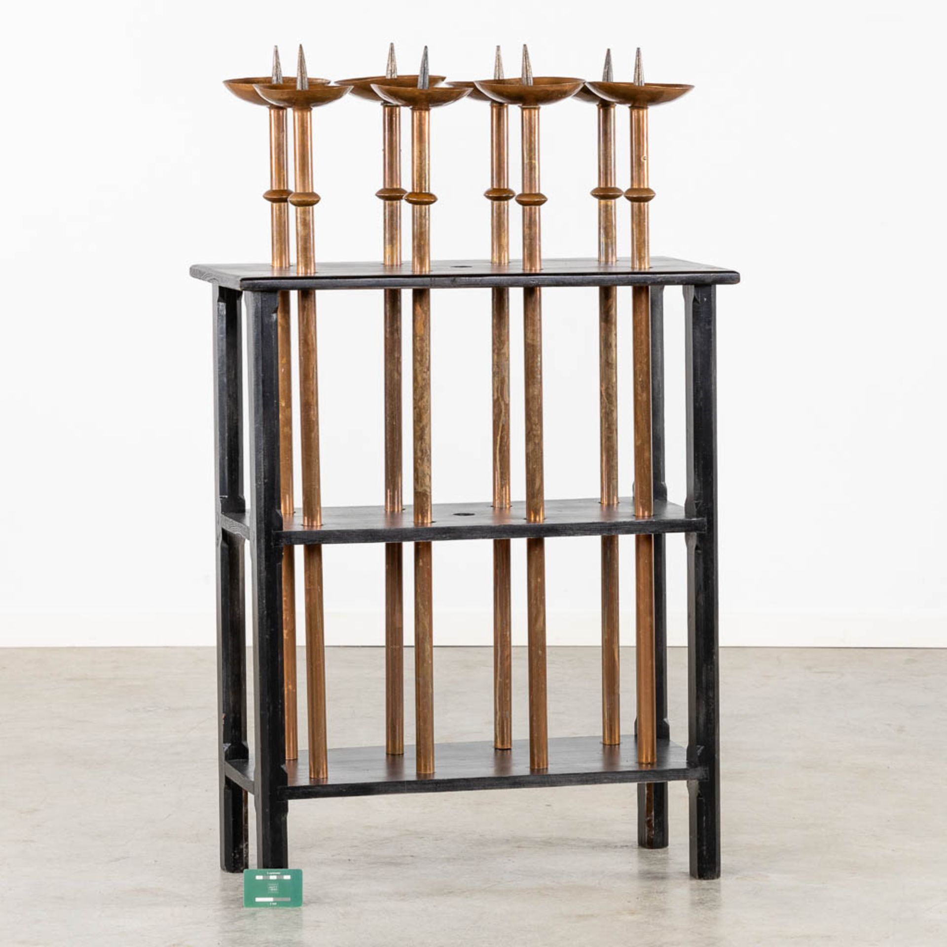 A set of 8 processional candelabra in a wood stand. (L:36 x W:75 x H:124 cm) - Image 2 of 8