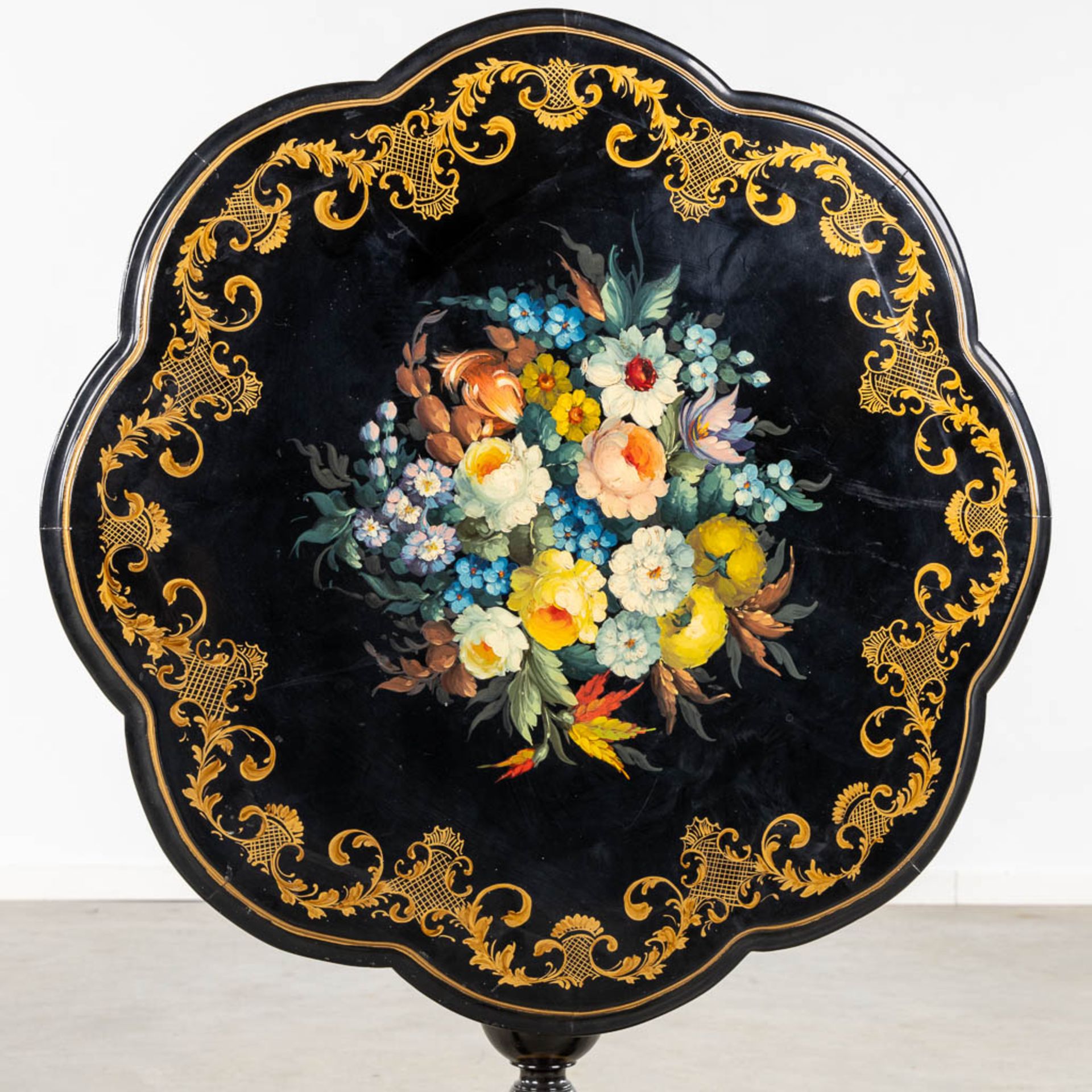 A Tilt-Top table with hand-painted floral decor, Napoleon 3 style. (H:67 x D:72 cm) - Image 7 of 9