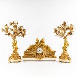 An impressive three-piece mantle garniture clock and candelabra, gilt bronze and marble. 19th C. (L:
