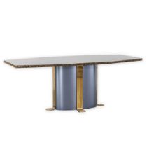 A diningroom table, bronze and patinated metal with a granite table top. (L:101 x W:210 x H:79 cm)