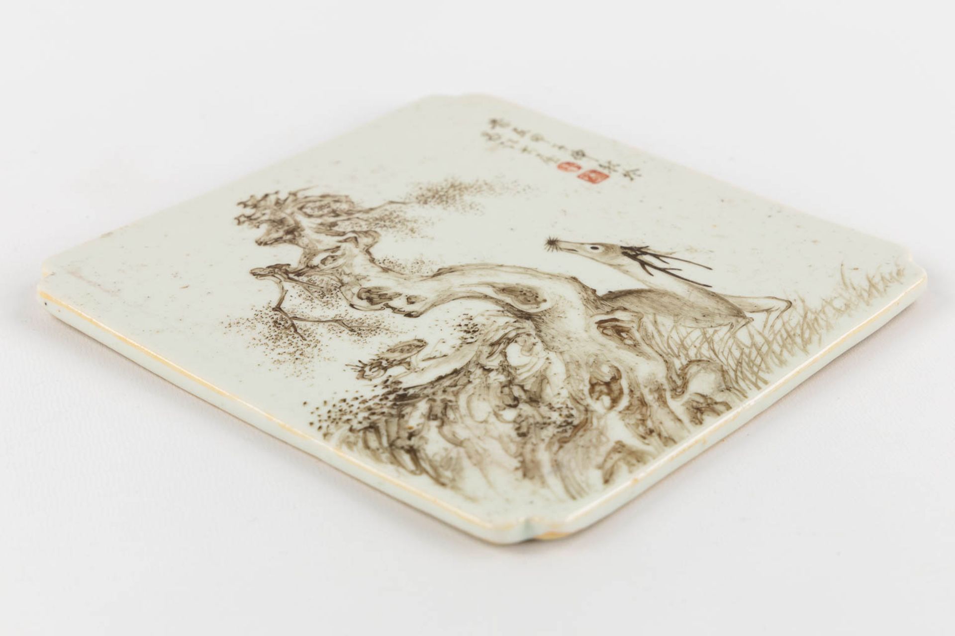 A Chinese tile decorated with Fauna and Flora. (W:18,5 x H:18,5 cm) - Image 5 of 6