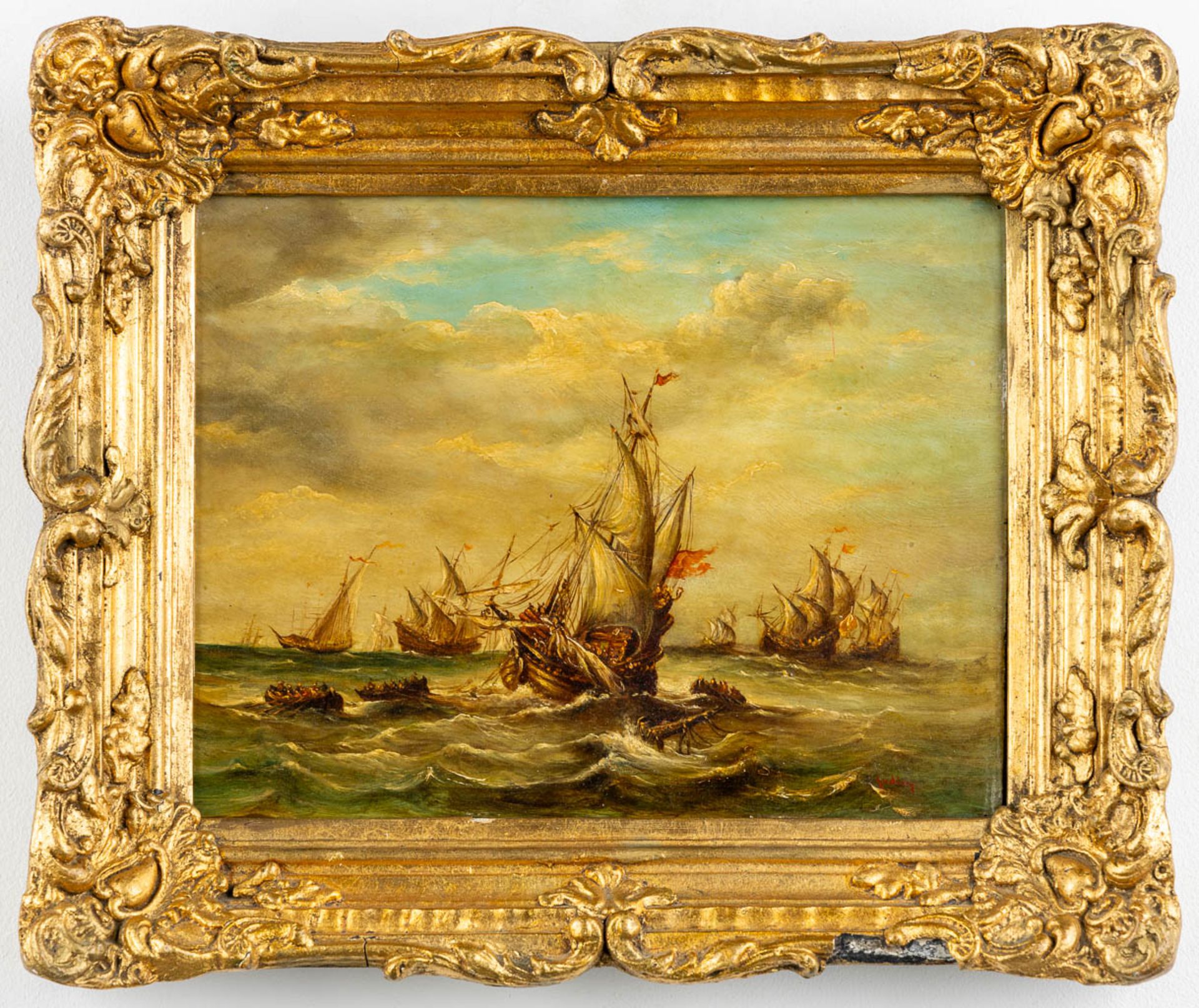 An antique painting 'Marine' English or Dutch School, Oil on panel. Signed Guding. 19th C. (W:27 x H - Bild 3 aus 7