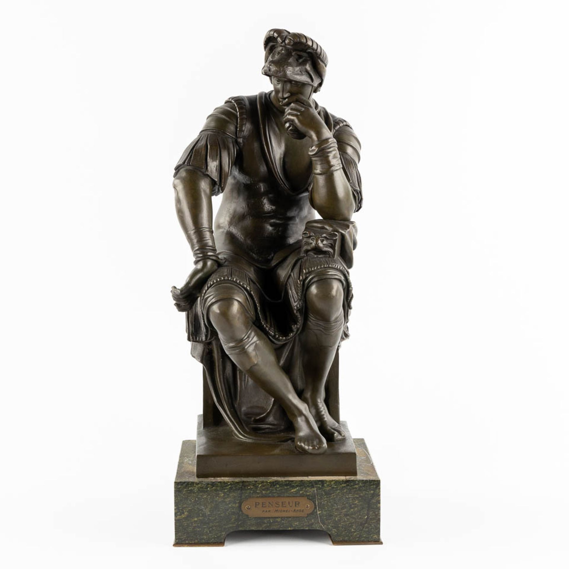 After Michelangelo, 'Lorenzo Di Medici', patinated bronze. (L:23 x W:19 x H:46 cm) - Image 3 of 10