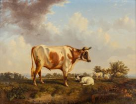 J. VOJAVE (XIX) 'Cow and sheep' oil on a mahogany panel. 1851. (W:40 x H:30,5 cm)