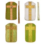 Four Roman Chasubles with 2 matching stola, Embroideries with images of Christ, IHS and Floral decor