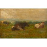 Emile VAN DAMME-SYLVA (1853-1935) 'Resting Cattle' oil on panel. (W:76 x H:48 cm)