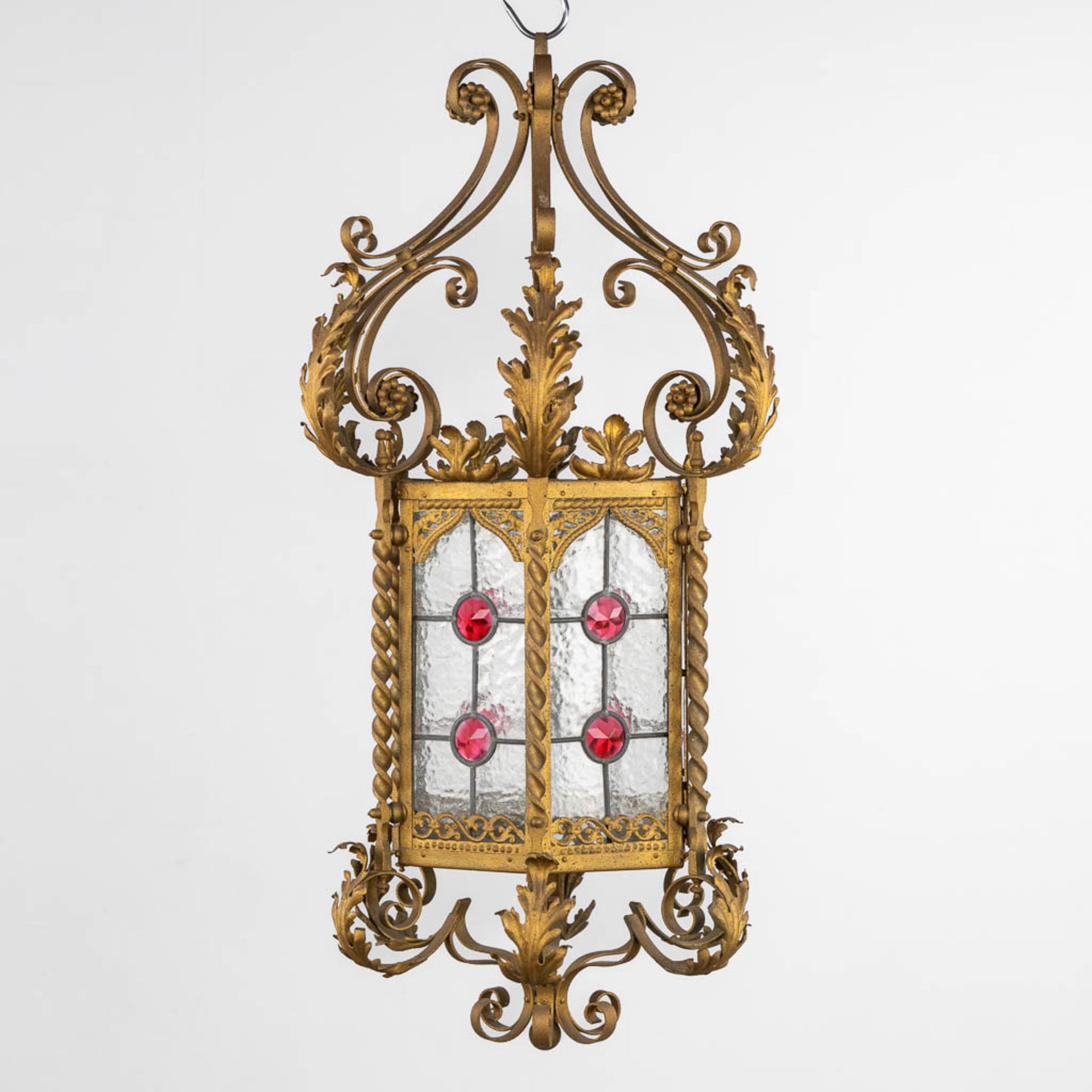 A decorative Lantern, gilt metal and stained glass. (H:96 x D:48 cm)
