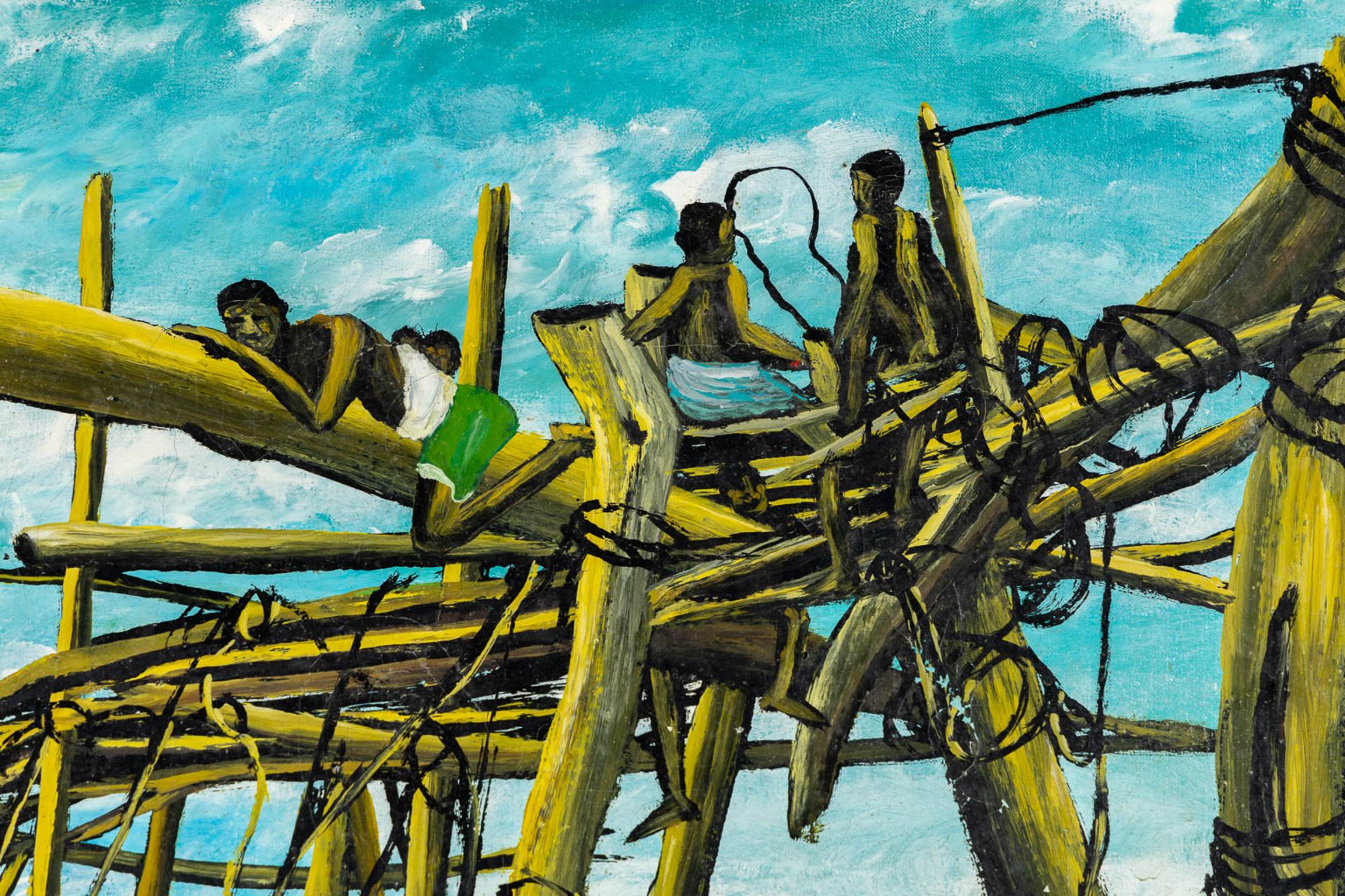 A decorative painting 'Fishermen in Kisangi, Congo' oil on canvas. Signed Ka Sarug. (W:80,5 x H:64,5 - Image 5 of 12
