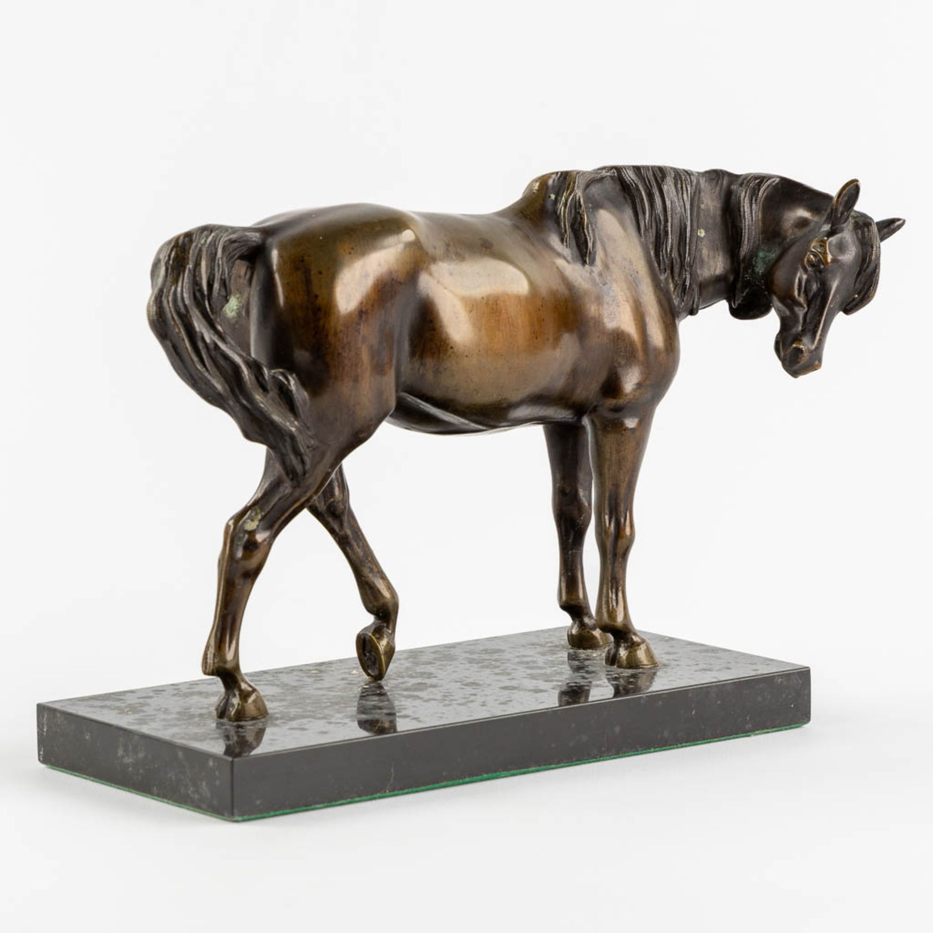 A patinated bronze figurine of a horse, black marble. (L:11 x W:27 x H:18 cm) - Image 3 of 9