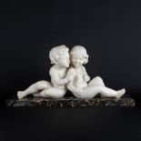 L. MORELLI (XX) 'Two Girls' sculptured Carrara marble. Italy, 1st half of the 20th C. (L:15 x W:65 x