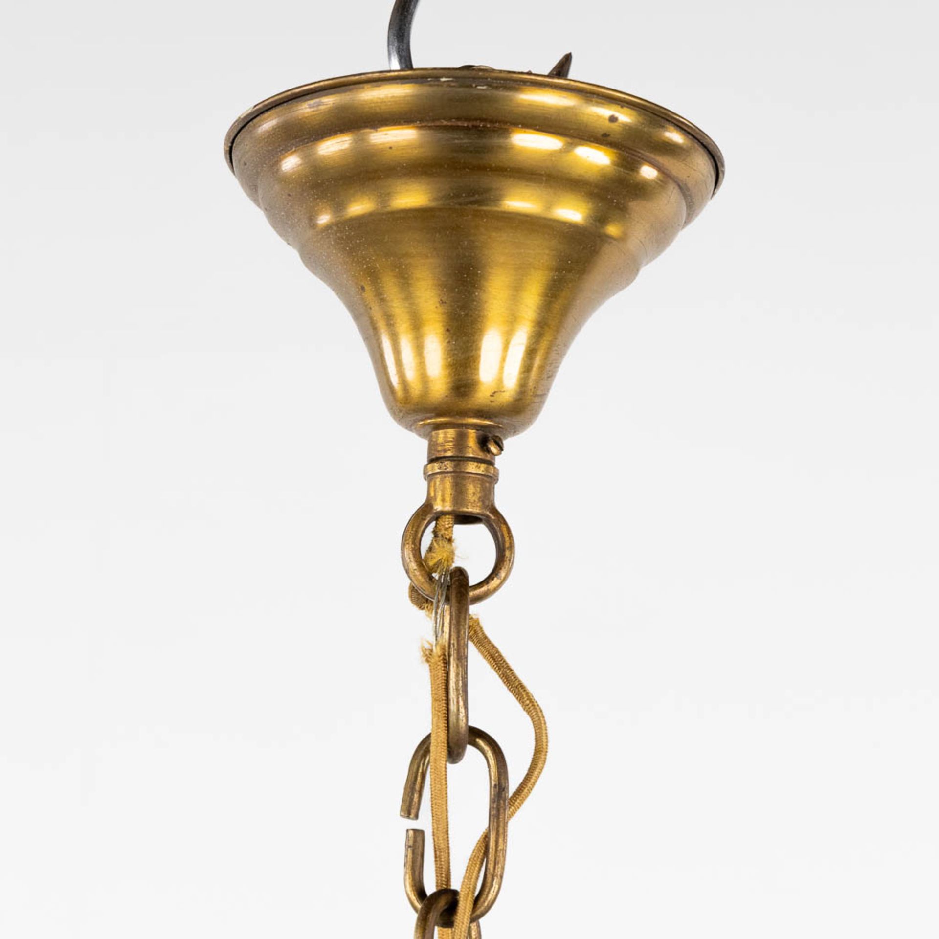An antique chandelier, brass with coloured and white glass. Circa 1930. (H:80 x D:68 cm) - Image 3 of 11