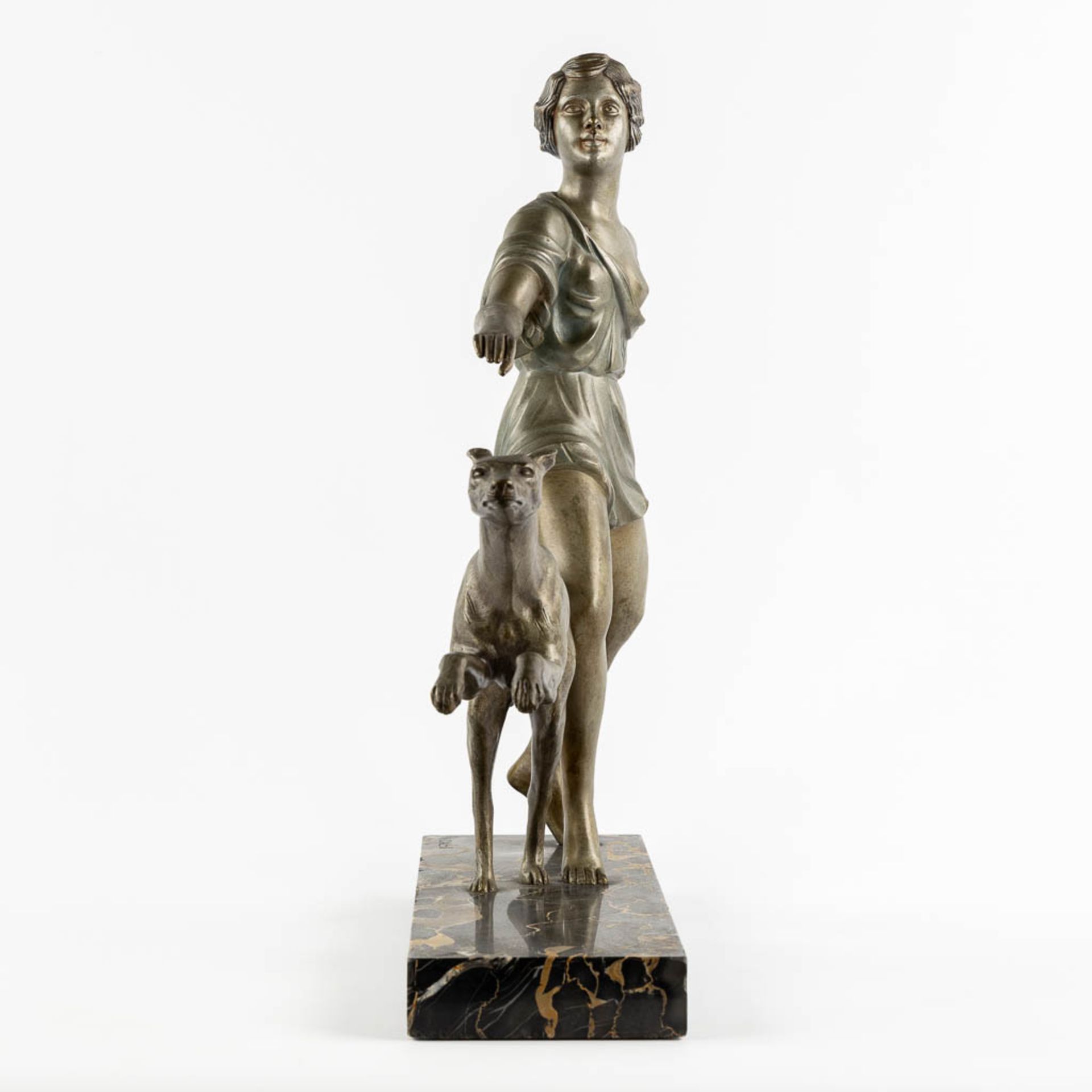 I GALLO (XIX-XX) 'Diana with a Greyhound' patinated bronze on marble. Art Deco. (L:13 x W:49 x H:48 - Image 6 of 10