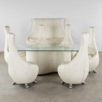 A white leather dining room suite, with a glass table top, Bretz, Germany. (L:85 x W:177 x H:130 cm)