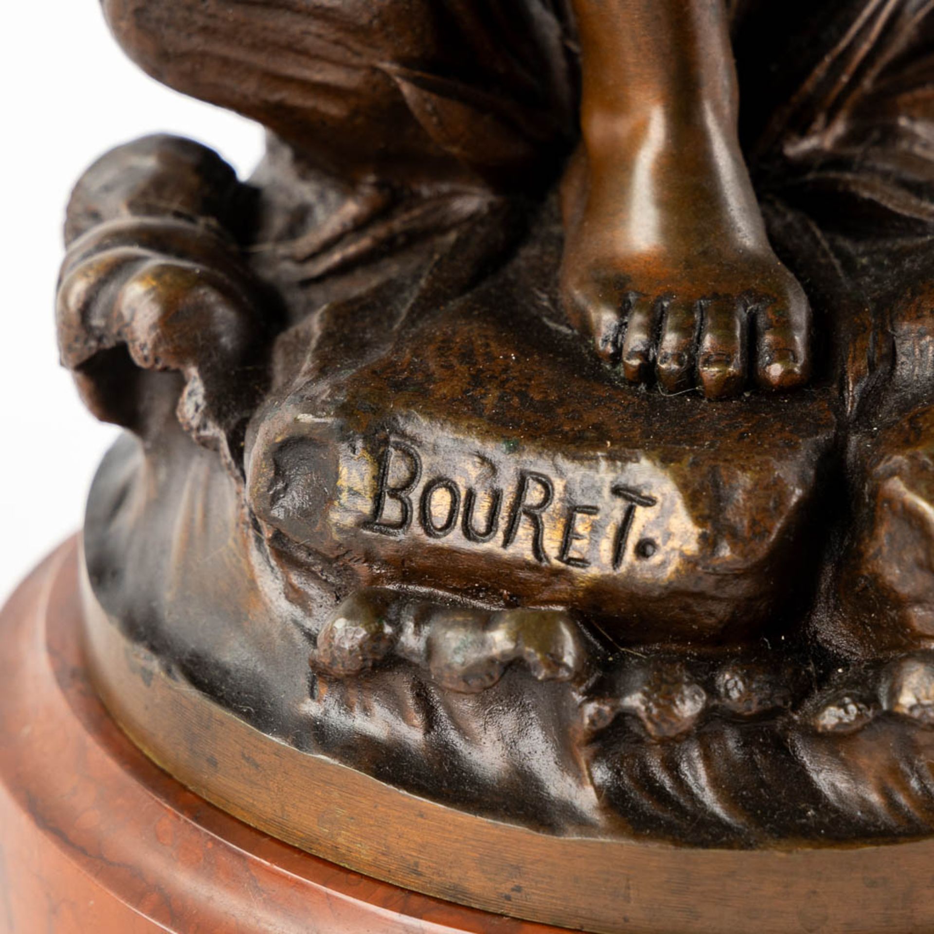 Eutrope BOURET (1833-1906) 'Lady with flowers' patinated bronze on a marble base. (L:19 x W:17 x H:4 - Image 9 of 11