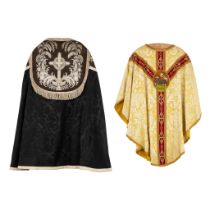 A Cope and Chasuble, embroideries with images of The Lamb of God, Crucifix.