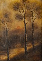 An attractive painting 'The Sunset in the Forest' oil on panel. 1916. (W:20 x H:29 cm)