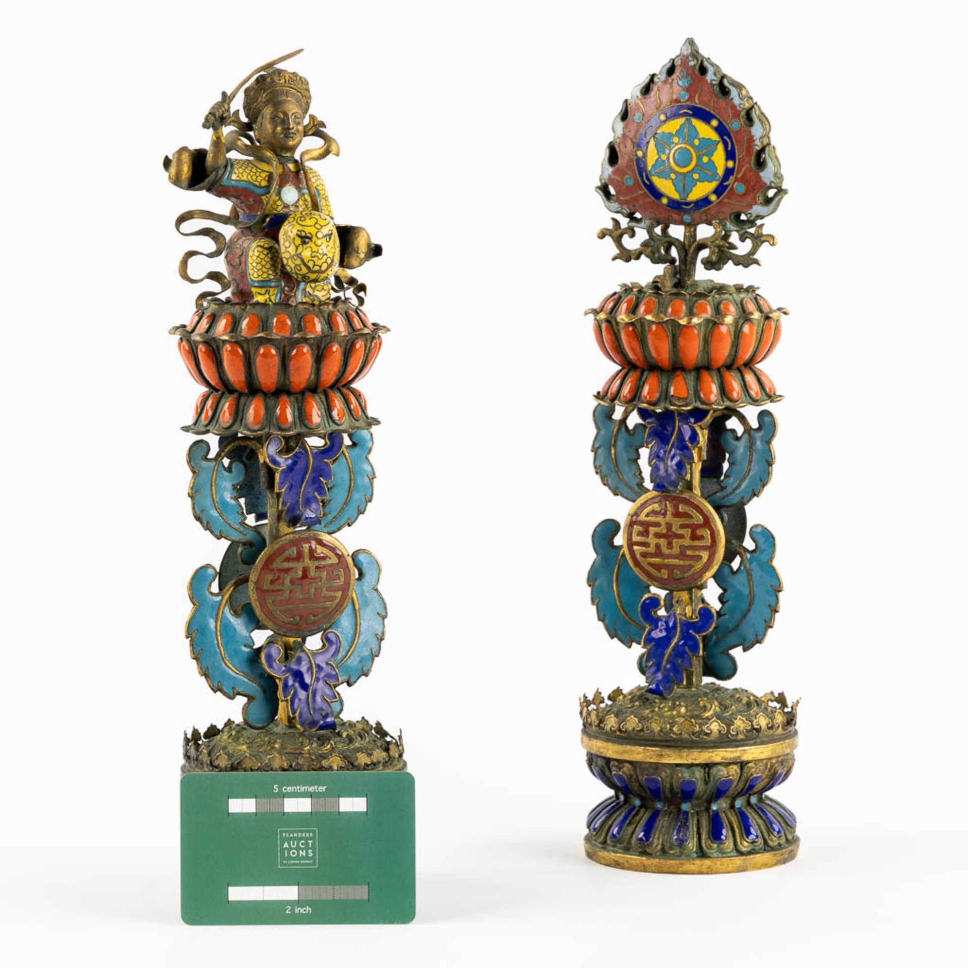 Two Chinese enamel inlaid and gilt metal Buddhist altar ornaments. 19th C. (H:32 x D:9 cm) - Bild 2 aus 11