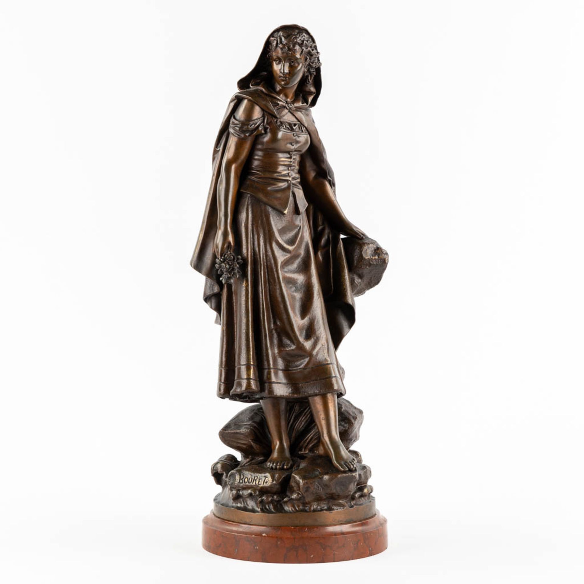 Eutrope BOURET (1833-1906) 'Lady with flowers' patinated bronze on a marble base. (L:19 x W:17 x H:4