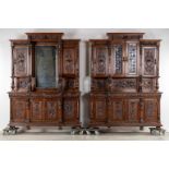 An exceptional pair cabinets, richly finished with wood-sculptures, Italy, circa 1900. (L:62 x W:204
