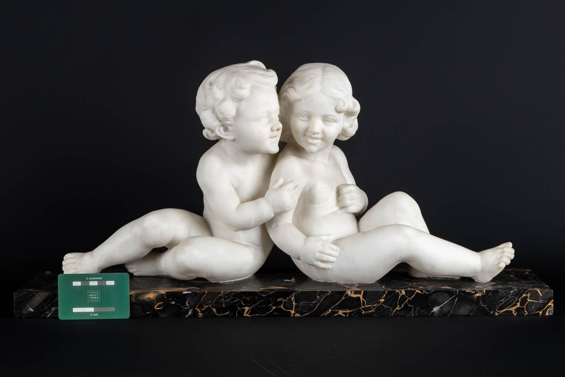 L. MORELLI (XX) 'Two Girls' sculptured Carrara marble. Italy, 1st half of the 20th C. (L:15 x W:65 x - Image 2 of 10