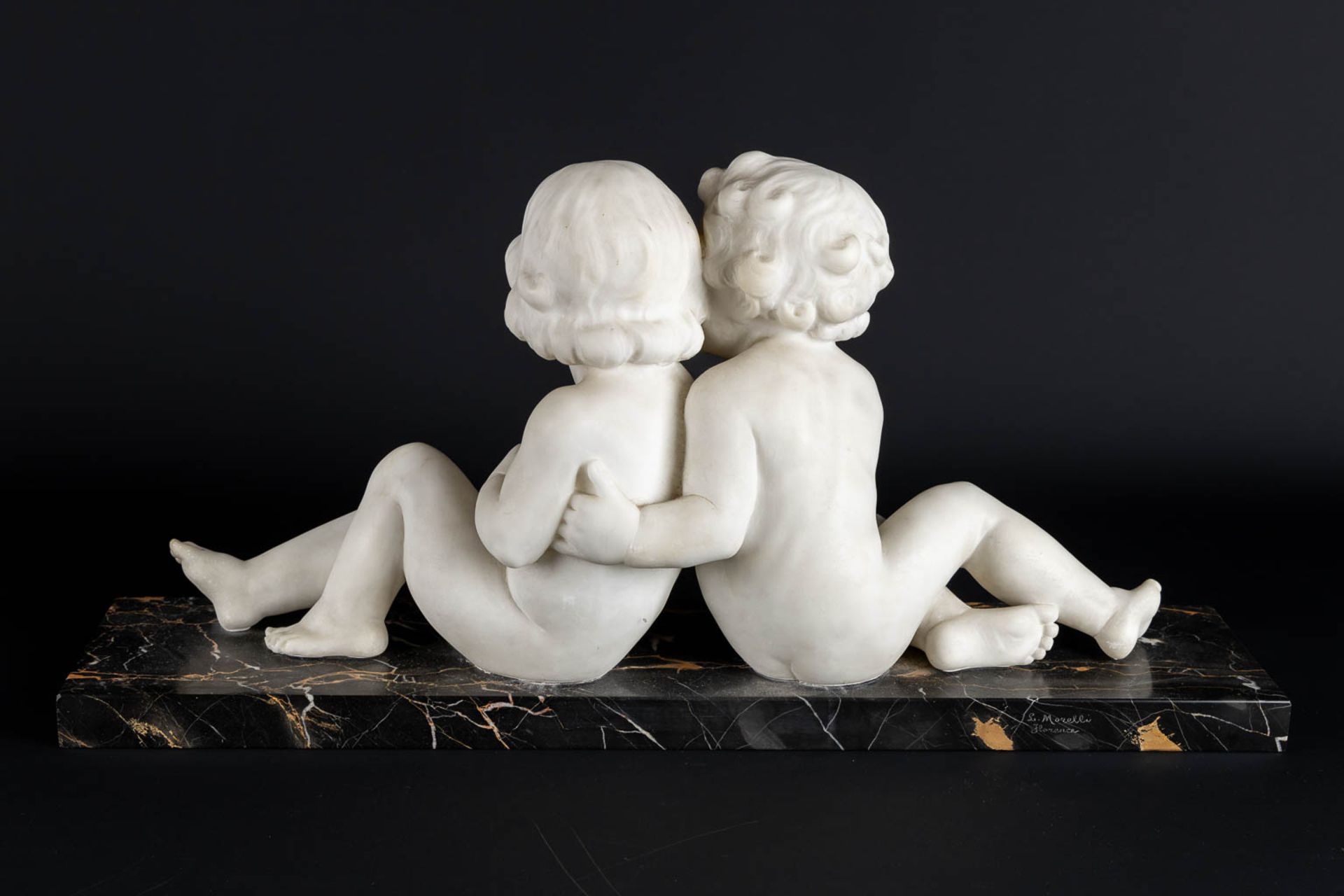 L. MORELLI (XX) 'Two Girls' sculptured Carrara marble. Italy, 1st half of the 20th C. (L:15 x W:65 x - Image 6 of 10