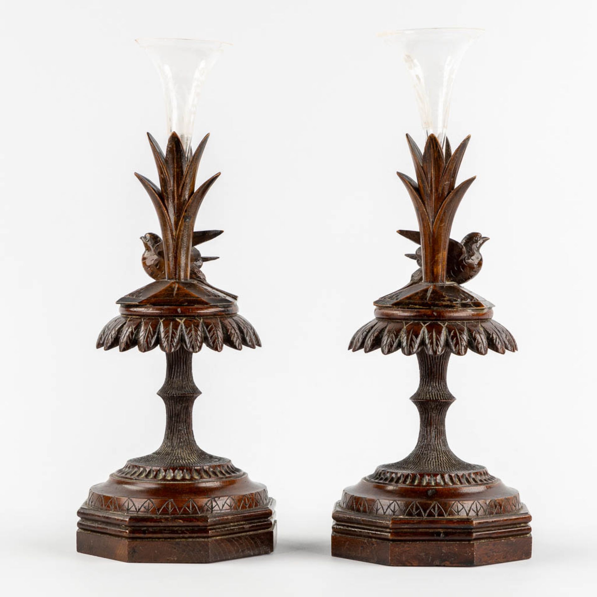 Two bases for Trumpet Vases, Schwartzwald or Black Forest. Circa 1880. (L:14,5 x W:14,5 x H:40 cm) - Image 5 of 11