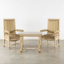 A pair of armchairs and side table, sculptured wood in Empire style. Italy, circa 1920. (L:54 x W:62