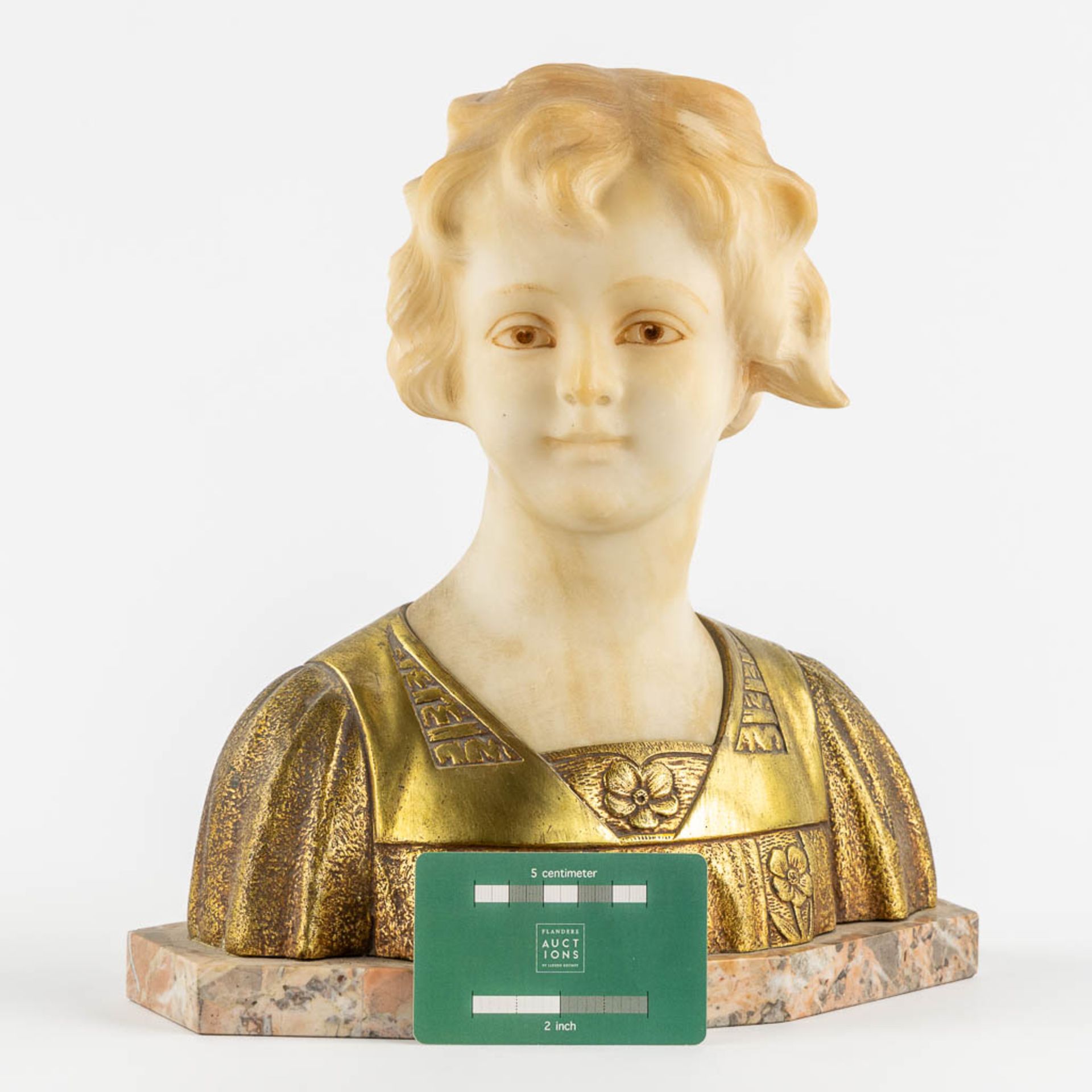 Bust of a Young Lady, gilt bronze and sculptured alabaster. Signed Cecchelli. (L:12 x W:26 x H:28 cm - Bild 2 aus 10