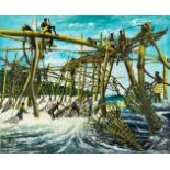 A decorative painting 'Fishermen in Kisangi, Congo' oil on canvas. Signed Ka Sarug. (W:80,5 x H:64,5