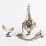An insence burner with matching insence boat, silver-plated brass. Gothic Revival. (L:16 x W:16 x H: