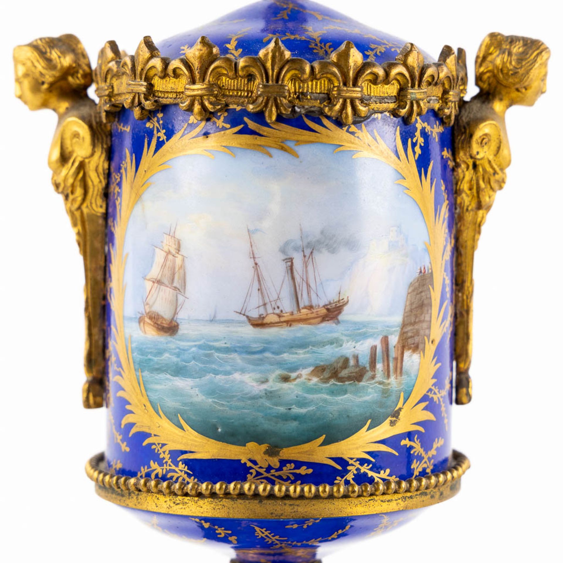 Sèvres, a pair of kobalt blue vases with a lid, decorated with a seascape. 19th C. (L:8 x W:11 x H:2 - Image 9 of 14