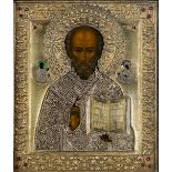 A Russian Icon, 'Nicholas of Myra', vermeil and tempera on panel. Mark of Yakov Mishukov, Moscow 19t