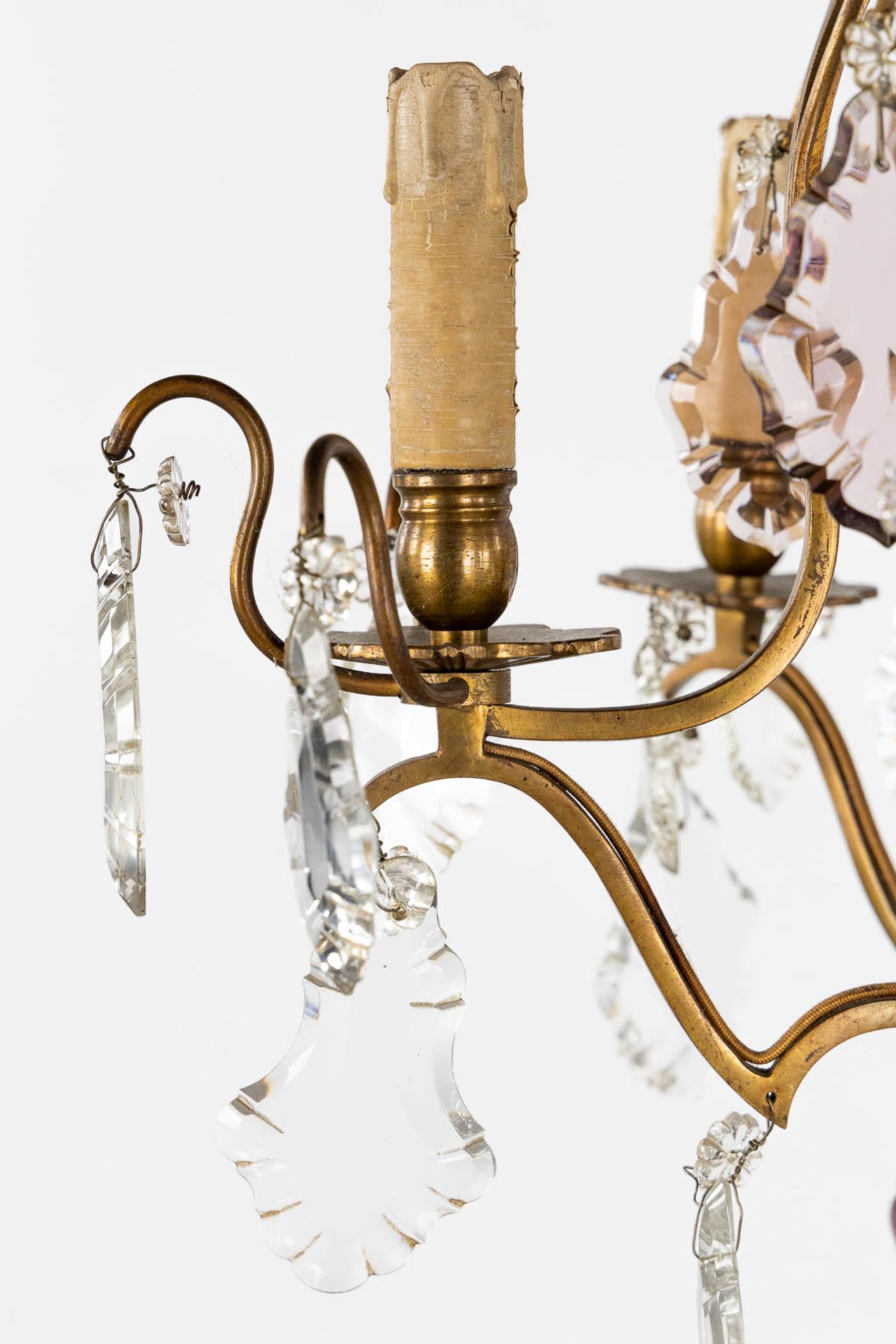 An antique chandelier, brass with coloured and white glass. Circa 1930. (H:80 x D:68 cm) - Image 8 of 11