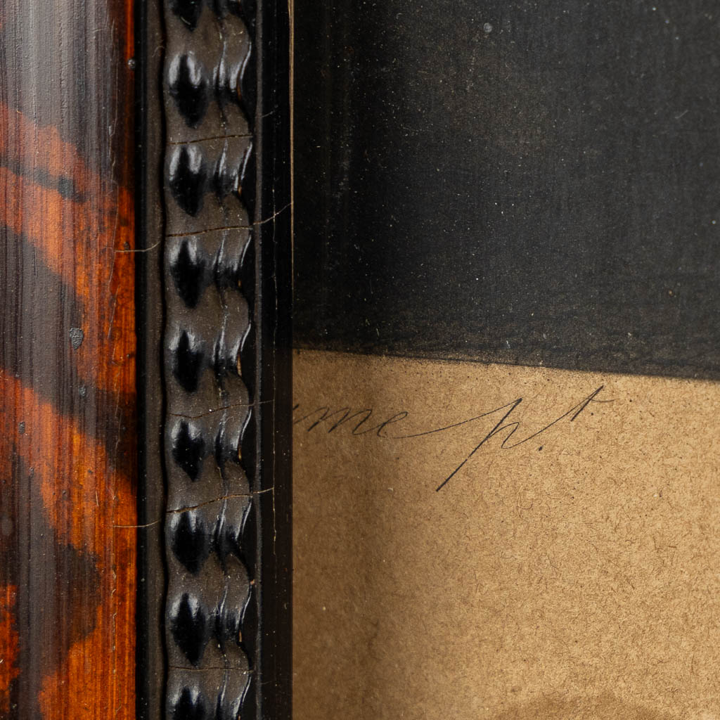 An antique picture frame, Faux tortoiseshell and ebonised wood. Napoleon 3, 19th C. (W:56 x H:67 cm) - Image 7 of 9