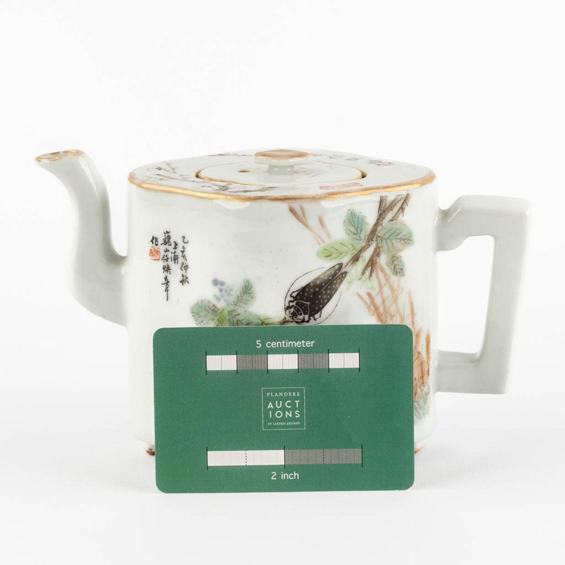 A Chinese teapot decorated with Fauna and Flora. Guangxu Mark. (L:9 x W:17 x H:10 cm) - Bild 2 aus 13