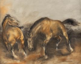 Een decoratief schilderij met paarden, getekend Carla 1976. (W:89,5 x H:70 cm)